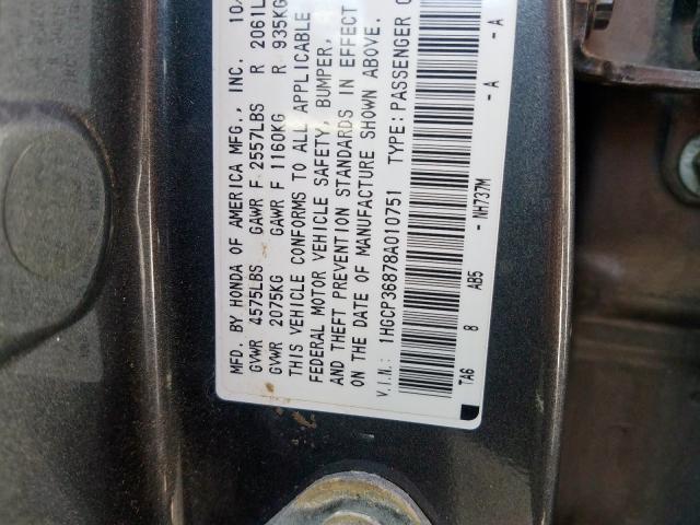 1HGCP36878A010751 - 2008 HONDA ACCORD EXL GRAY photo 10