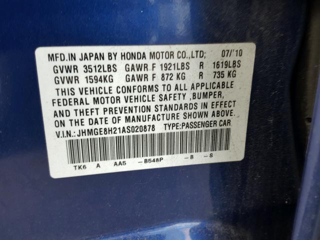 JHMGE8H21AS020878 - 2010 HONDA FIT BLUE photo 10