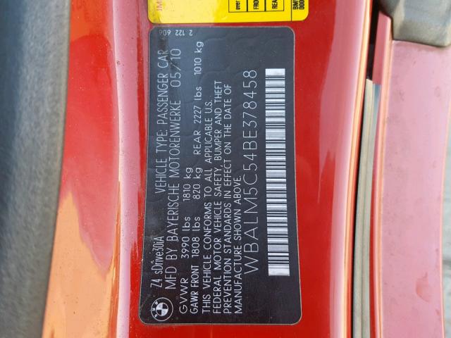 WBALM5C54BE378458 - 2011 BMW Z4 SDRIVE3 RED photo 10