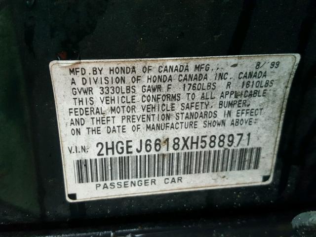 2HGEJ6618XH588971 - 1999 HONDA CIVIC BASE 绿色 照片 10