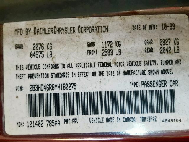 2B3HD46R8YH180275 - 2000 DODGE INTREPID MAROON photo 10