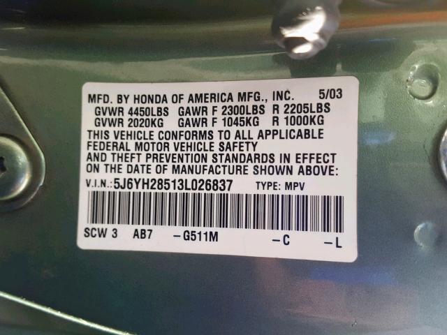 5J6YH28513L026837 - 2003 HONDA ELEMENT EX GREEN photo 10