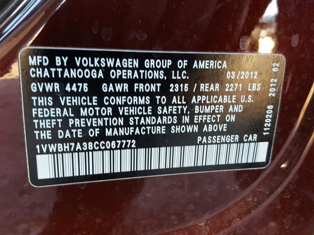 1VWBH7A38CC067772 - 2012 VOLKSWAGEN PASSAT SE MAROON photo 10