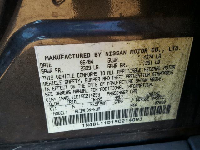 1N4BL11D15C214093 - 2005 NISSAN ALTIMA SE GRAY photo 10