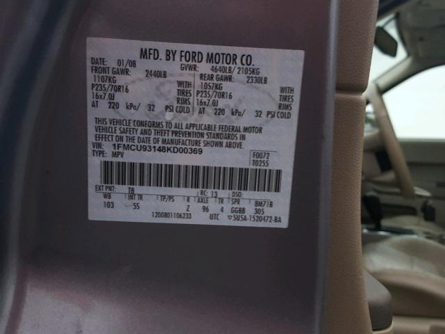 1FMCU93148KD00369 - 2008 FORD ESCAPE XLT GRAY photo 10