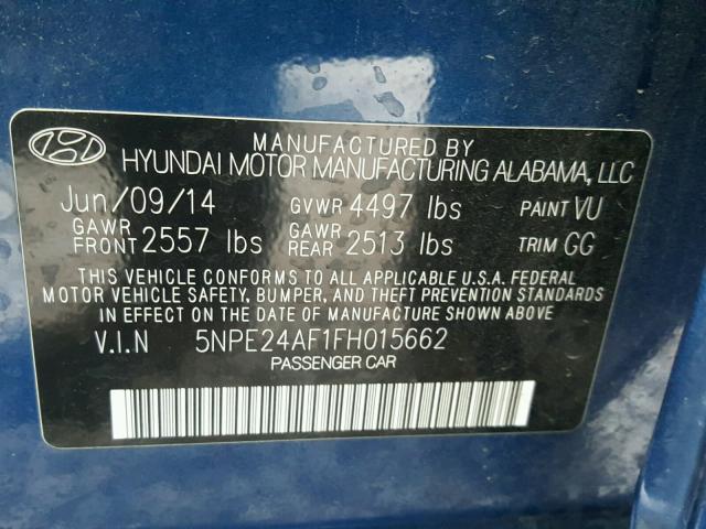 5NPE24AF1FH015662 - 2015 HYUNDAI SONATA SE BLUE photo 10