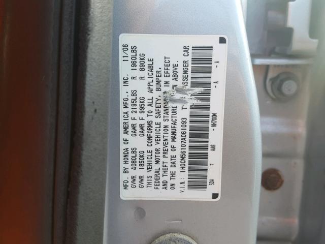 1HGCM56107A061093 - 2007 HONDA ACCORD VAL SILVER photo 10