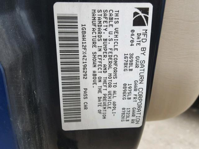 1G8AW12FX4Z196292 - 2004 SATURN ION LEVEL BLUE photo 10