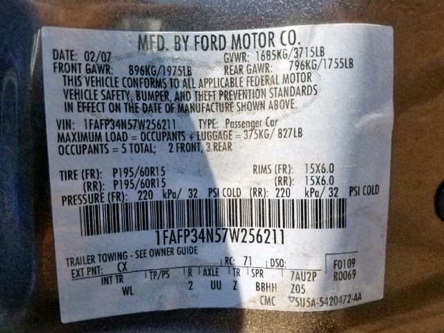 1FAFP34N57W256211 - 2007 FORD FOCUS ZX4 GRAY photo 10