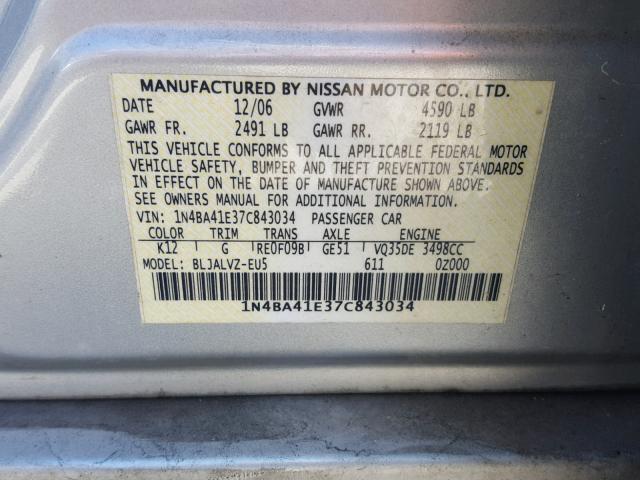 1N4BA41E37C843034 - 2007 NISSAN MAXIMA SE SILVER photo 10