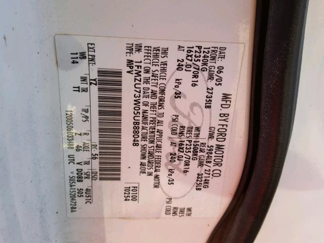 1FMZU73W05UB88048 - 2005 FORD EXPLORER X WHITE photo 10