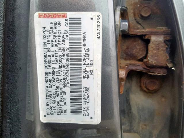 JTKKT624240069872 - 2004 TOYOTA SCION XA GRAY photo 10