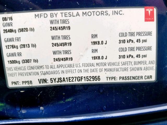 5YJSA1E27GF152956 - 2016 TESLA MODEL S أزرق صورة 10