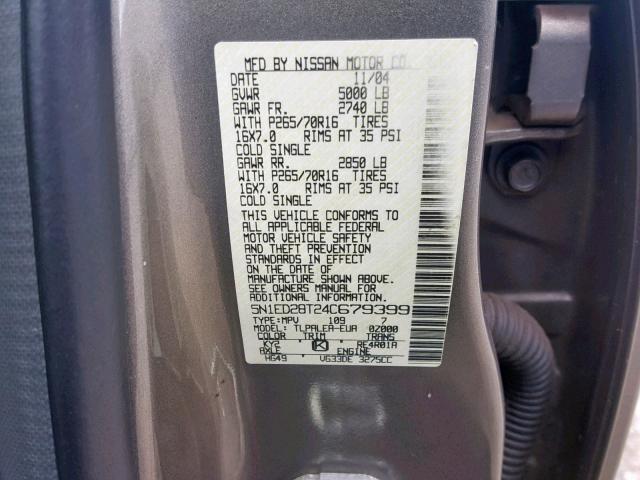 5N1ED28T24C679399 - 2004 NISSAN XTERRA XE GRAY photo 10