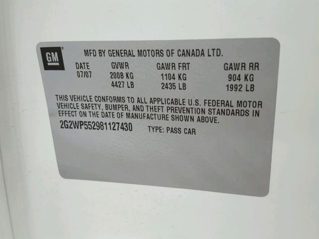 2G2WP552981127430 - 2008 PONTIAC GRAND PRIX WHITE photo 10
