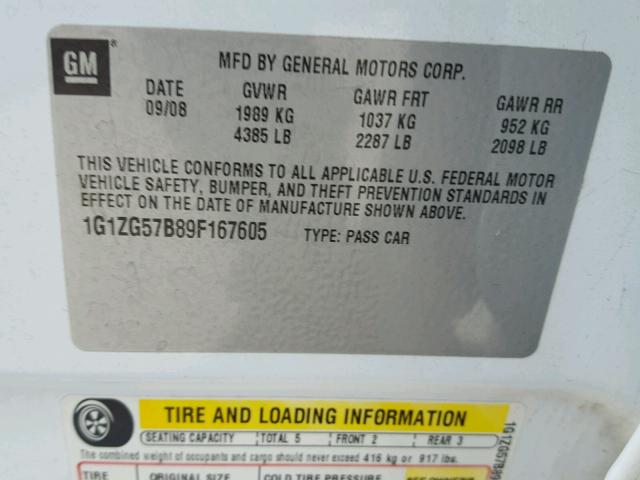 1G1ZG57B89F167605 - 2009 CHEVROLET MALIBU LS თეთრი ფოტო 10