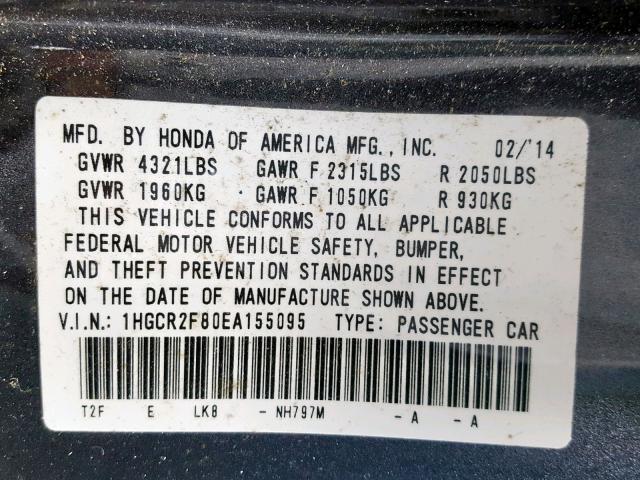 1HGCR2F80EA155095 - 2014 HONDA ACCORD EXL GRAY photo 10