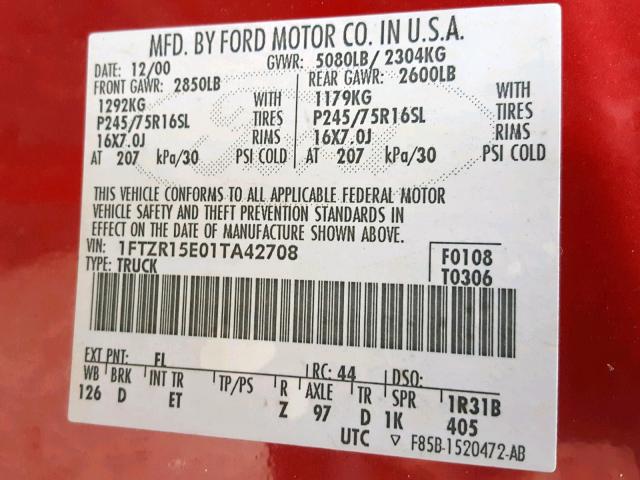 1FTZR15E01TA42708 - 2001 FORD RANGER SUP RED photo 10