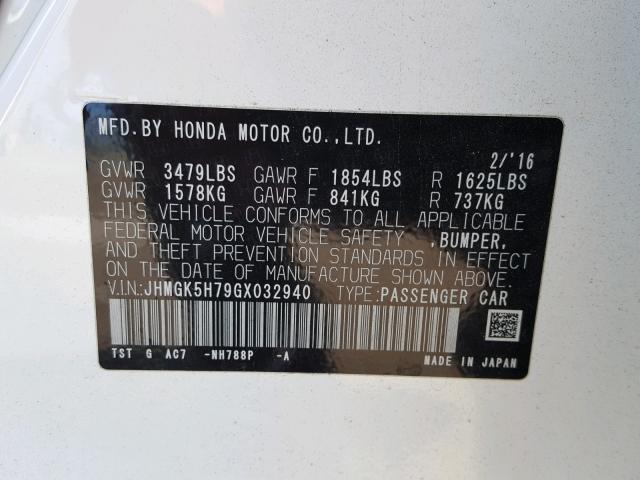 JHMGK5H79GX032940 - 2016 HONDA FIT EX WHITE photo 10