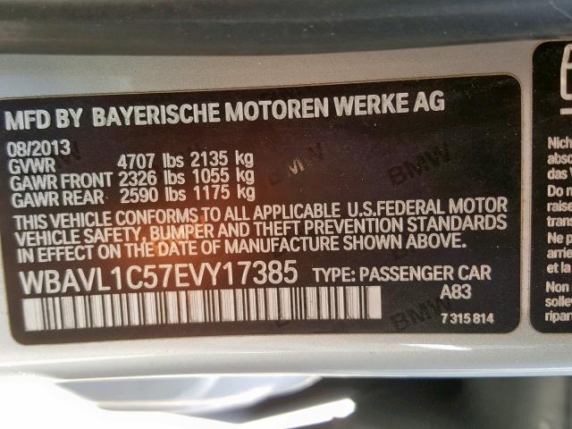 WBAVL1C57EVY17385 - 2014 BMW X1 XDRIVE2 SILVER photo 10