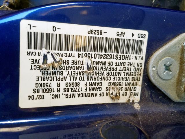 1HGES16324L015614 - 2004 HONDA CIVIC DX V BLUE photo 10