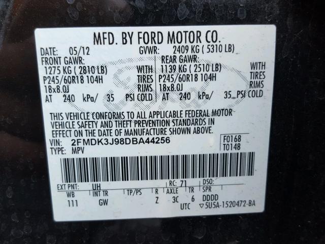 2FMDK3J98DBA44256 - 2013 FORD EDGE SEL BLACK photo 10