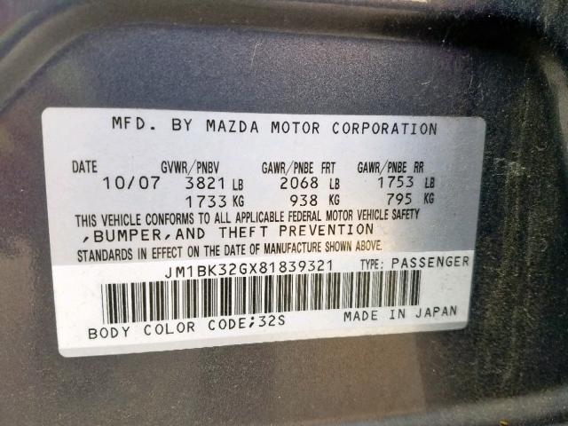 JM1BK32GX81839321 - 2008 MAZDA 3 I GRAY photo 10