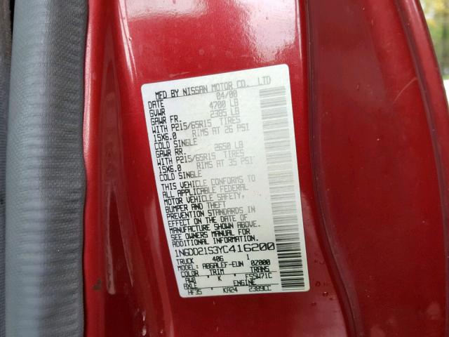 1N6DD21S3YC416200 - 2000 NISSAN FRONTIER X RED photo 10