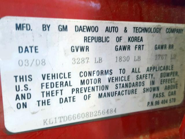 KL1TD66608B256484 - 2008 CHEVROLET AVEO BASE Қызыл фото 10