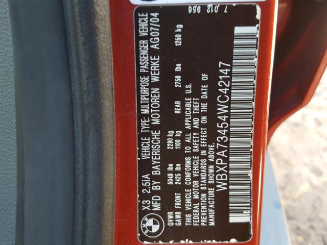 WBXPA73454WC42147 - 2004 BMW X3 2.5I RED photo 10