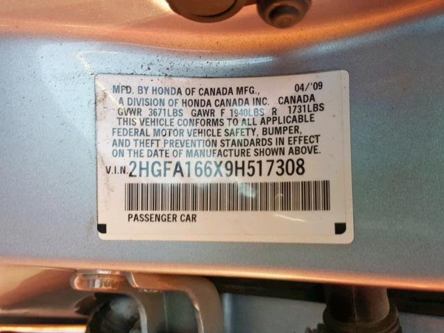 2HGFA166X9H517308 - 2009 HONDA CIVIC LX-S Gümüş foto 10