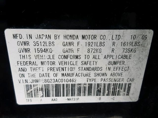 JHMGE8G23AC010462 - 2010 HONDA FIT BLACK photo 10