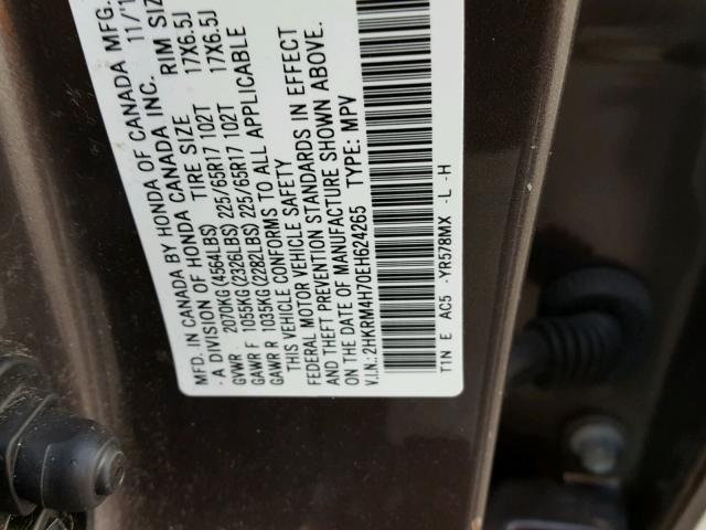 2HKRM4H70EH624265 - 2014 HONDA CR-V EXL BROWN photo 10