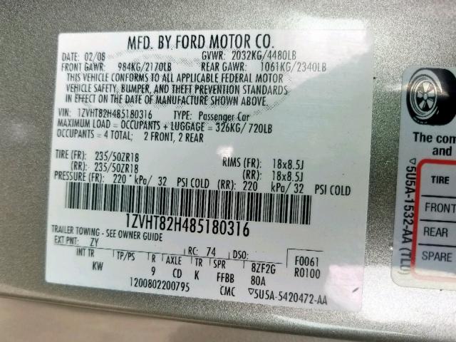 1ZVHT82H485180316 - 2008 FORD MUSTANG GT GRAY photo 10