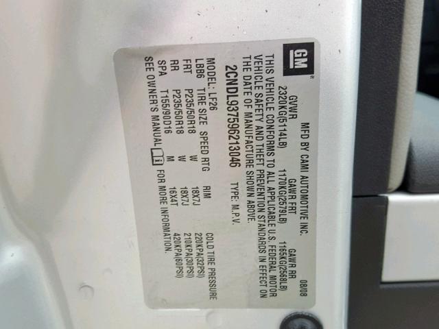 2CNDL937596213046 - 2009 CHEVROLET EQUINOX SP SILVER photo 10