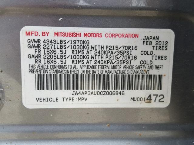 JA4AP3AU0CZ006846 - 2012 MITSUBISHI OUTLANDER GRAY photo 10