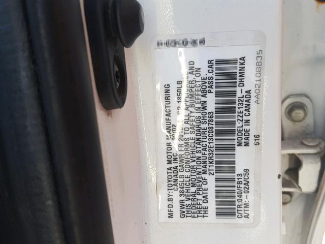 2T1KR32E13C087863 - 2003 TOYOTA MATRIX XR WHITE photo 10