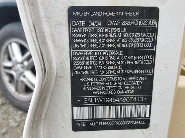 SALTW19454A867443 - 2004 LAND ROVER DISCOVERY WHITE photo 10