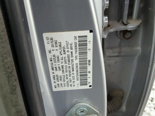 1HGCP26428A039033 - 2008 HONDA ACCORD LXP SILVER photo 10