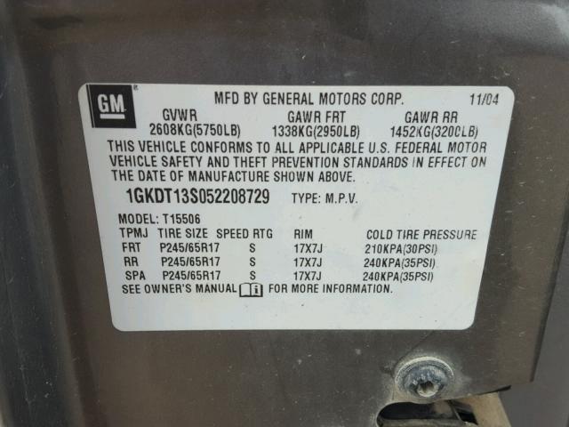 1GKDT13S052208729 - 2005 GMC ENVOY GRAY photo 10