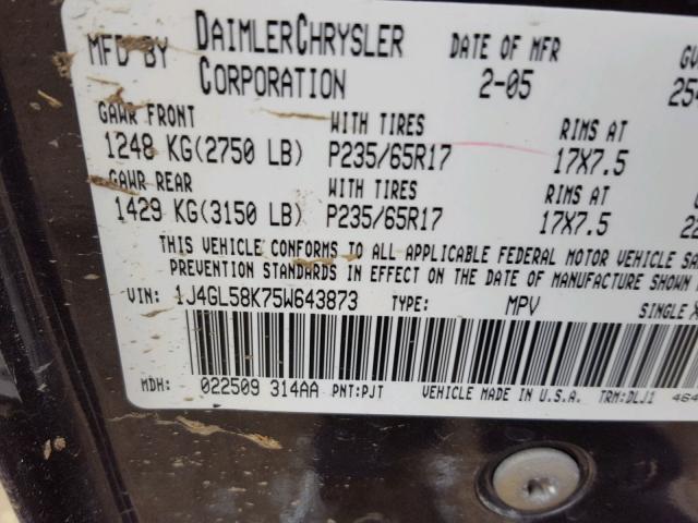 1J4GL58K75W643873 - 2005 JEEP LIBERTY LI GRAY photo 10