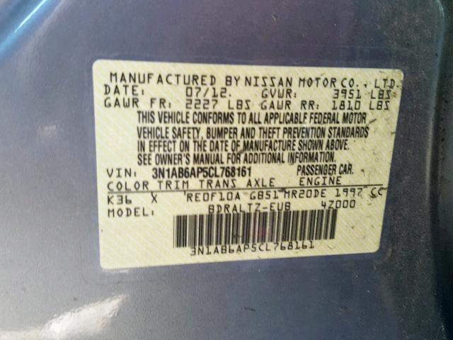 3N1AB6AP5CL768161 - 2012 NISSAN SENTRA 2.0 GRAY photo 10