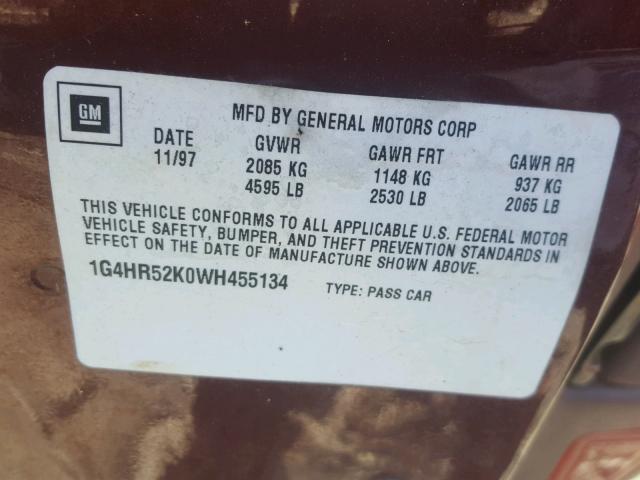 1G4HR52K0WH455134 - 1998 BUICK LESABRE LI MAROON photo 10