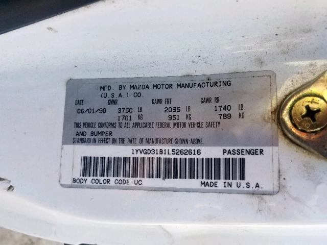 1YVGD31B1L5262616 - 1990 MAZDA MX-6 WHITE photo 10