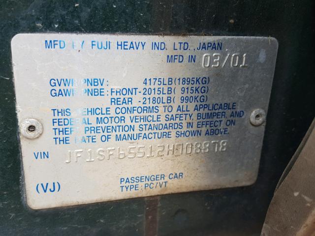 JF1SF65512H708878 - 2002 SUBARU FORESTER S GREEN photo 10