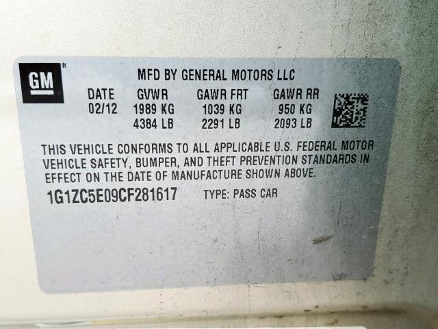 1G1ZC5E09CF281617 - 2012 CHEVROLET MALIBU 1LT GOLD photo 10