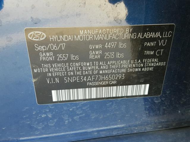 5NPE34AF7JH650293 - 2018 HYUNDAI SONATA SPO BLUE photo 10