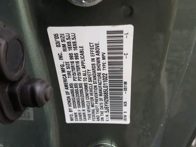 5J6YH28685L011022 - 2005 HONDA ELEMENT EX GREEN photo 10