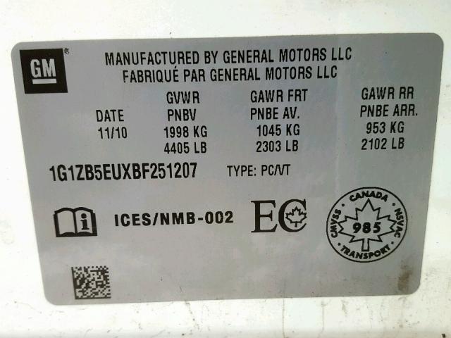 1G1ZB5EUXBF251207 - 2011 CHEVROLET MALIBU LS Ağ foto 10