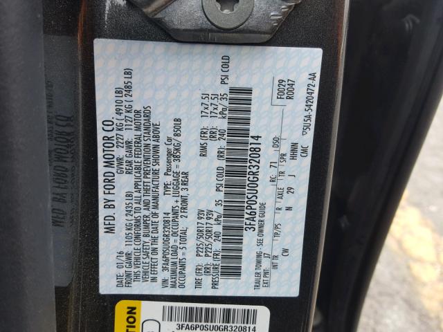 3FA6P0SU0GR320814 - 2016 FORD FUSION TIT GRAY photo 10